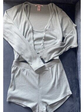 Victorias Secret 3 Pc SET Sz M Ribbed Cardigan Crop Tank Shorts Sleep Sage Green